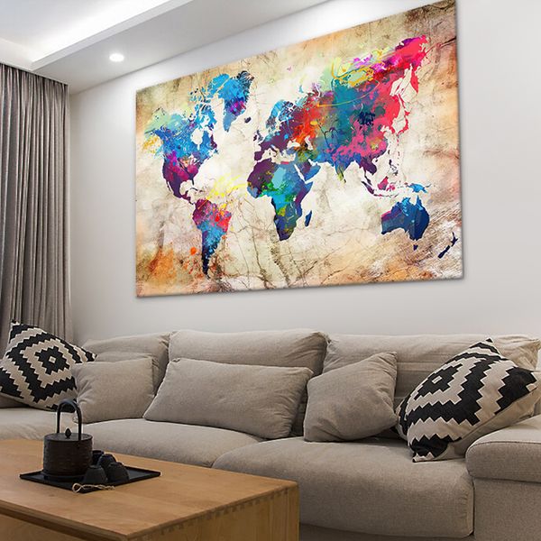 Mapa del mundo colorido lienzo pintura mapa cartel impreso cuadros de pared para sala de estar decoración Interior moderna pinturas sin marco