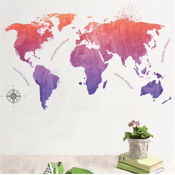 Colorido mapa del mundo Oecan pegatinas de pared sala de estar Oficina escuela dormitorio decoraciones diy impresión mural arte calcomanías para el hogar póster 210420