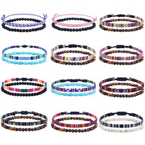 Corde tissée colorée tresse Vsco pied cheville perles de pierre volcanique noire Bracelet pieds nus amitié bracelets de cheville pour femmes filles bohème plage jambe bijoux en gros