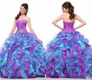 Kleurrijke zoete 16 quinceanera -jurken 2018 met kralen pailletten baljurk organza vestidos de longo paars en blauw formeel feest g8116280