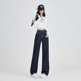 Kleurloze jeans voor dames herfst 2024 Hoge taille veelzijdige afslanke losse rechte been vloer vegen wijd been broek