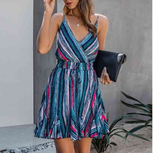 Kleur gestreepte print backless vrouwen jurk sexy sling v-hals mouwloze ruche mini jurk zomer casual tuniek lace up strandjurk 210507