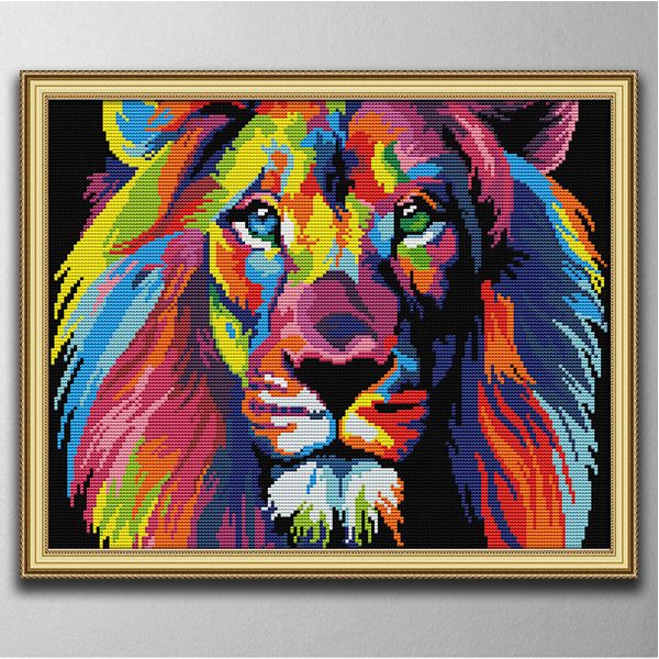 Pinturas decorativas de leones de colores, herramientas artesanales de punto de cruz hechas a mano, conjuntos de costura bordada, impresión contada en lienzo DMC 14CT/11CT