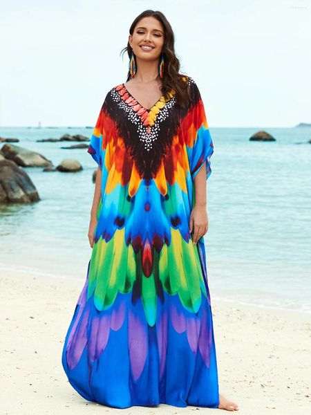 Impression de plumes colorée 2024 Été plus taille V couche de coude de kaftan Femme Batwing Sleeve Holiday Beachwear Bikini Cover-ups Q1594