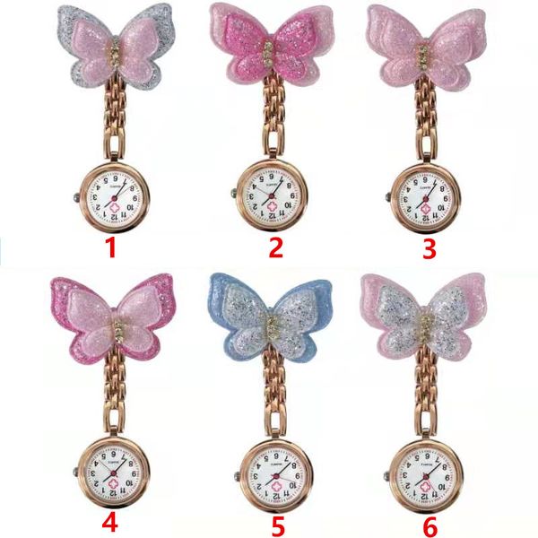 Montres de poche colorées Infirmière Papillon Or Rose Alliage Petites Broches Médecin Hôpital Médial Transparent Cadeau Montres Horloge