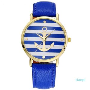 Kleurrijke Strepen Anchor Unisex Lederen Quartz Horloges voor Mode Dames Heren Studenten Sport Outdoor Cadeau Party Horloges Klok