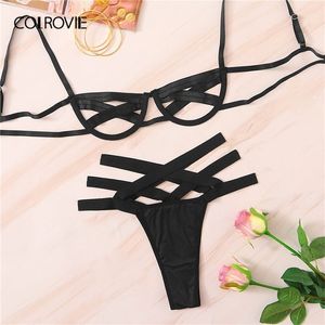 COLROVIE Black Ladder Cut-out Underwire Lingerie Femmes Intimates 2019 Solide Sexy Ensembles Soutien-gorge et Strings Dames Sous-Vêtements Ensemble LJ201211