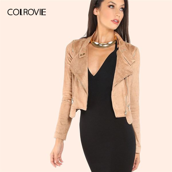 COLROVIE Camel Daim Moto Veste Femmes Mode Automne Streetwear Dames Zipper Crop Biker Vestes Solides Vêtements D'extérieur Occasionnels 201026