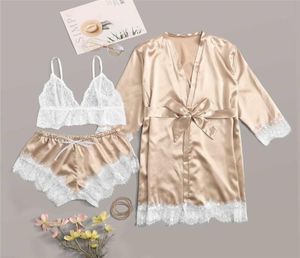 COLROVIE Conjunto de lencería de satén con encaje floral dorado con bata Bralettes para mujer Pijamas con cinturón 2019 Conjuntos atractivos de otoño Ropa de dormir femenina Y20074350859