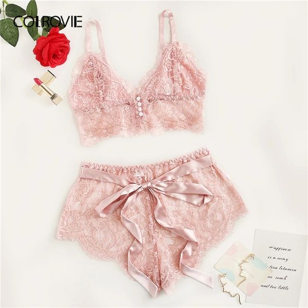 Colrovie Pink Falloped Floral Linger Lingerie Set Women Pajama Set Borgoña Bralettes y Brotes Sleepwear Sexy Nightgown Y200708