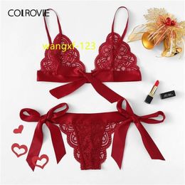 COLROVIE Rouge Noël Festonné Garniture Cravate Côté Lingerie Sexy Ensemble 2019 Ruban Sans Fil Intime Transparent Sous-Vêtements Soutien-Gorge Ensemble Y200708