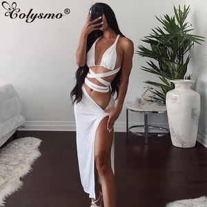 Colysmo Beach Party Tweedelige Set Zomer Backless Crop Top High Split Lange Rokken Sexy 2 Sets Dames Club Outfits White 210527