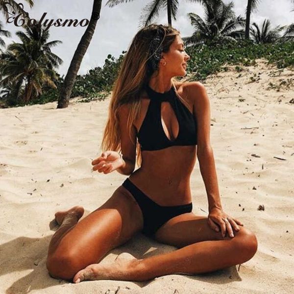 Colysmo Noir Bikinis Mujer Halter Dos Nu Poitrine Découpé Sexy Maillot De Bain Femmes Solide Couleur Maillot De Bain Beachwear Biquini 210527