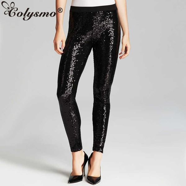 Colysmo negro brillante lentejuelas pantalones mujer cintura elástica pantalones Sexy fiesta alto largo lápiz oro plata 210527