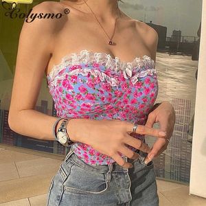 ColySmo Floral Corset Top Vrouwen Kant Patchwork Print Ruches Backless Cascely Party Bustier Dames Zomer Strapless Cami 210527
