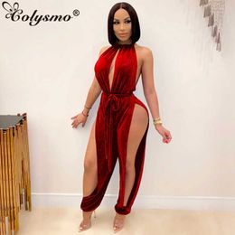 Colysmo Halter Brown Jumpsuit évider avec ceinture Sexy Split Tie up Backless Elastic Club Outfits pour les femmes Mode Streetwear 210527