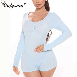 Colysmo Combishort À Manches Longues Femmes Avant Bouton Côtelé Barboteuse Décontractée Automne Combinaison Courte Loungewear Bleu Streetwear 210527