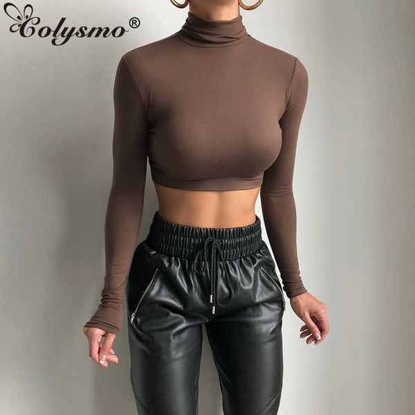 Colysmo Longue Manches Top Femmes Couleur Solide Couleur Turtleneck Crop Fit Streetwear Black Blouse Dames Mode Sexy Casual Tshirt 210527