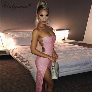 Casual jurken colysmo maxi zomer jurk vrouwen 2021 spaghetti riemen backless cross lace up sexy roze glitter bodycon fartij lang