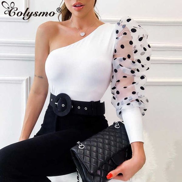 Colysmo une épaule Blouse femmes été à pois voir à travers maille à manches longues Sexy hauts blanc décontracté dames chemise noir 210527