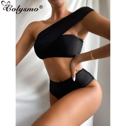 Colysmo Push Up Bikini Set Single Épaule Taille Haute Noir Solide Couleur Femmes Beach Wear Dames Sexy Piscine Tenues 210527