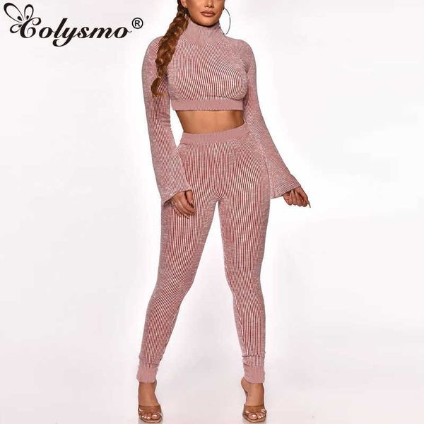 Colysmo Ribbed Knit Femmes Loungewear Set Turtleneck Élastique Taille Haute Flare Manches Moulante Crop Top 2 Pièces Pantalon Assorti 210527