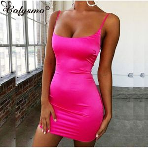 Colysmo Stretch Satijnen Mini Jurk Vrouwen Sexy Bandjes Slim Fit Bodycon Party Neon Groen Roze Dual-gelaagde Gewaad femme W220421