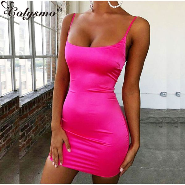 Colysmo Stretch Satin Mini Women Sexy Straps Slim Fit Bodycon Party Neon Green Pink Dress Abito a doppio strato Femme C19040101