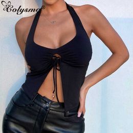 Colysmo Zomer Halter Top Zwart Holle Tie Up Ruches Backless Effen Kleur Casual Crop Tops Dames Sexy Cami Chic Streetwear 210527
