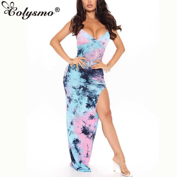 Colysmo Tie Dye Robe D'été Sans Manches Dos Nu Robes Sexy Femme Fête Nuit Porter Slim Fit Moulante Maxi Jaune 210527