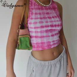 Colysmo Tie Dye Imprimer Crop Top Femmes 0-cou Sans Manches D'été Tops Mode Streetwear Casual Gilet Jaune Vert Rose 210527