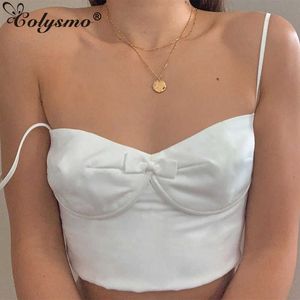 ColySmo White Crop Top Dames Bow Borst Ruched Corset Tops Spaghetti Riemen Fit Bodysuit Party Club Holiday Casual Tanks 210527