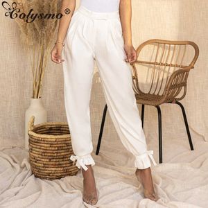 Colysmo vrouw witte broek knop rits hoge taille losse lace up casual mode streetwear dames elegante broek 210527
