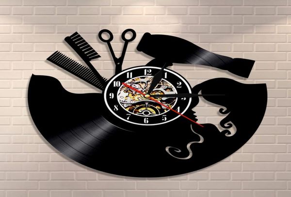 Ciseaux de peigne coiffure sèche-cheveux Salon de beauté Corloge murale coiffeur disque horloge de coiffure vintage Signe de mur de coupe de cheveux mur art y2001094610527