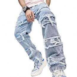 Combhasaki Hommes Y2K Vintage Casual Jeans Fi Effiloché Ripped Denim Lg Pantalon Printemps Automne Pantalon Droit Lâche avec Poches V6rF #
