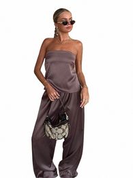 Combhasaki Y2K Satin 2 pièces tenues bandage à lacets dos bandeau hauts + pantalon large ensemble streetwear costumes esthétiques H0xM #