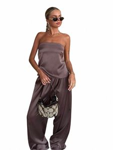 Comhasaki Y2K Satijnen 2-delige outfits voor dames Bandage Lace-up Backl Bandeau-tops + wijde pijpen broek Set Street chic Esthetische pakken H0xM #