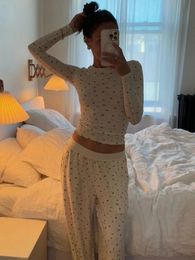 Combhasaki Vrouwen Y2K 2 Stuks Pyjama Set Lange Mouw Crop Tops Elastische Wijde Pijpen Broek voor Loungewear Esthetische Zachte Nachtkleding 240201