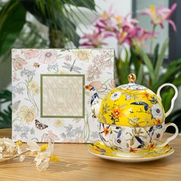 Juegos de tetera combinados, juegos de té de porcelana de hueso de jardín francés, elegante patrón de flores amarillas, olla individual de cerámica
