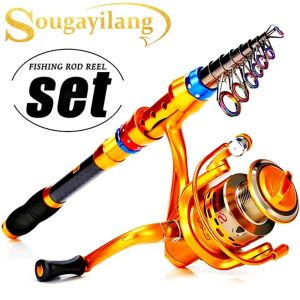 Combo Sougayilang caña de pescar telescópica y 13 + 1 rodamientos de bolas carrete de pesca giratorio Combo agua salada carpa de agua dulce aparejos de pesca