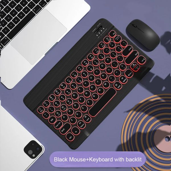 Combos retroiluminado teclado inalámbrico y combo de mouse redondo Bluetooth Bluetooth Ratones de modelo dual para iOS iPad Android Telepá Windows Tablet