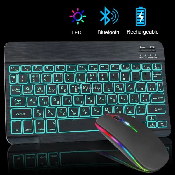 Combos clavier Bluetooth et souris Keyboard sans fil rechargeable souris russe du club de rétroéclairage Espainsh pour l'ordinateur portable de la tablette i pad