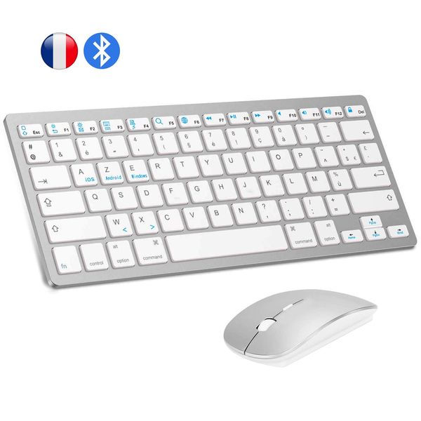 Combos Francés AZERTY Teclado Bluetooth Ratón Combo Ratones inalámbricos Bluetooth Ultra Slim Mute para Mac iPad iPhone iOS Android Windows