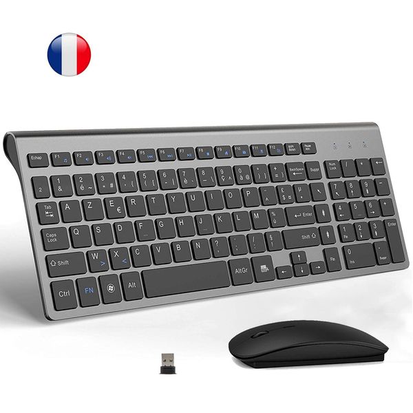 Combos Clavier et souris sans fil français, disposition AZERTY, Ultra mince, 2.4G, silencieux, Compact, à touches ciseaux, pour ordinateur de bureau et portable