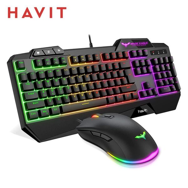 Combos Havit KB558 Teclado para juegos con cable Kit de mouse RGB Retroiluminación 104 teclas con reposamuñecas EE. UU. Reino Unido Teclado de diseño alemán para PC portátil