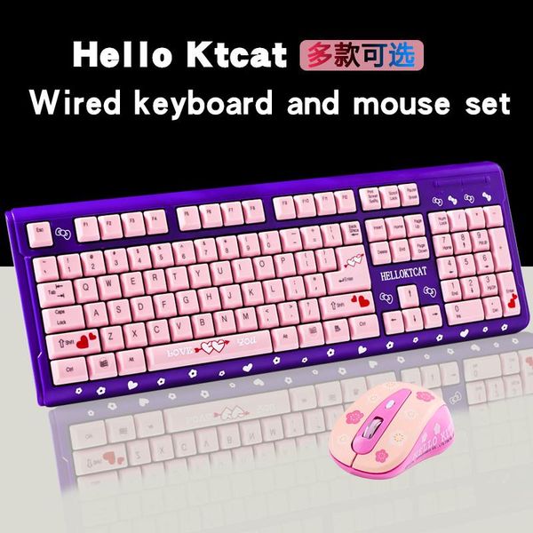 Combos Ensemble clavier et souris rose, fille mignonne, chat de dessin animé, ordinateur de bureau, ordinateur portable de jeu à domicile, clavier filaire USB, souris filaire USB