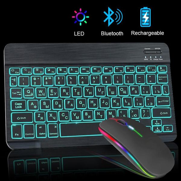 Combos Recargable Inalámbrico RGB Bluetooth Teclado y Ratón Ruso Español Coreano Retroiluminado para iPad Android iOS Windows Tablet Laptop