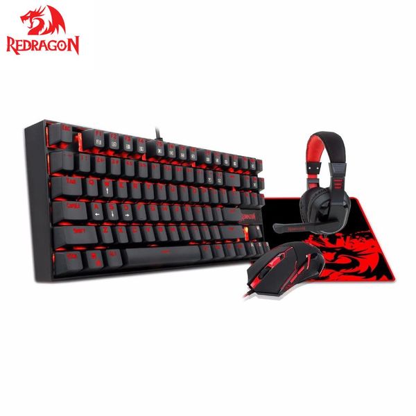 Combos Redragon Combo clavier de jeu mécanique souris et tapis de souris casque de jeu PC avec Microphone LED rétro-éclairé clavier 87 touches K552