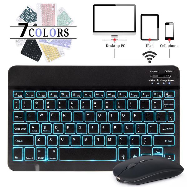 Combos RVB Clavier Bluetooth Clavier sans fil Mini Keyboard russe espagnol avec souris RVB RGB rechargeable pour la tablette de téléphone iPad