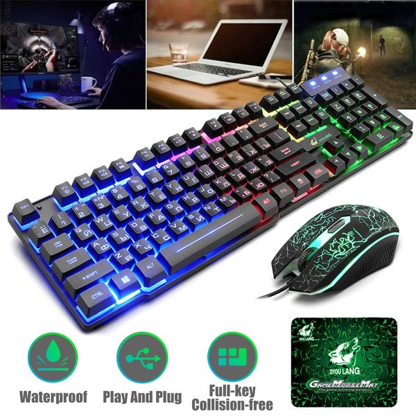 Combos T5 Rainbow Backlight USB Clavier 104 touches Ergonomique Gaming Anglais Russe Clavier et souris pour PC portable avec tapis de souris